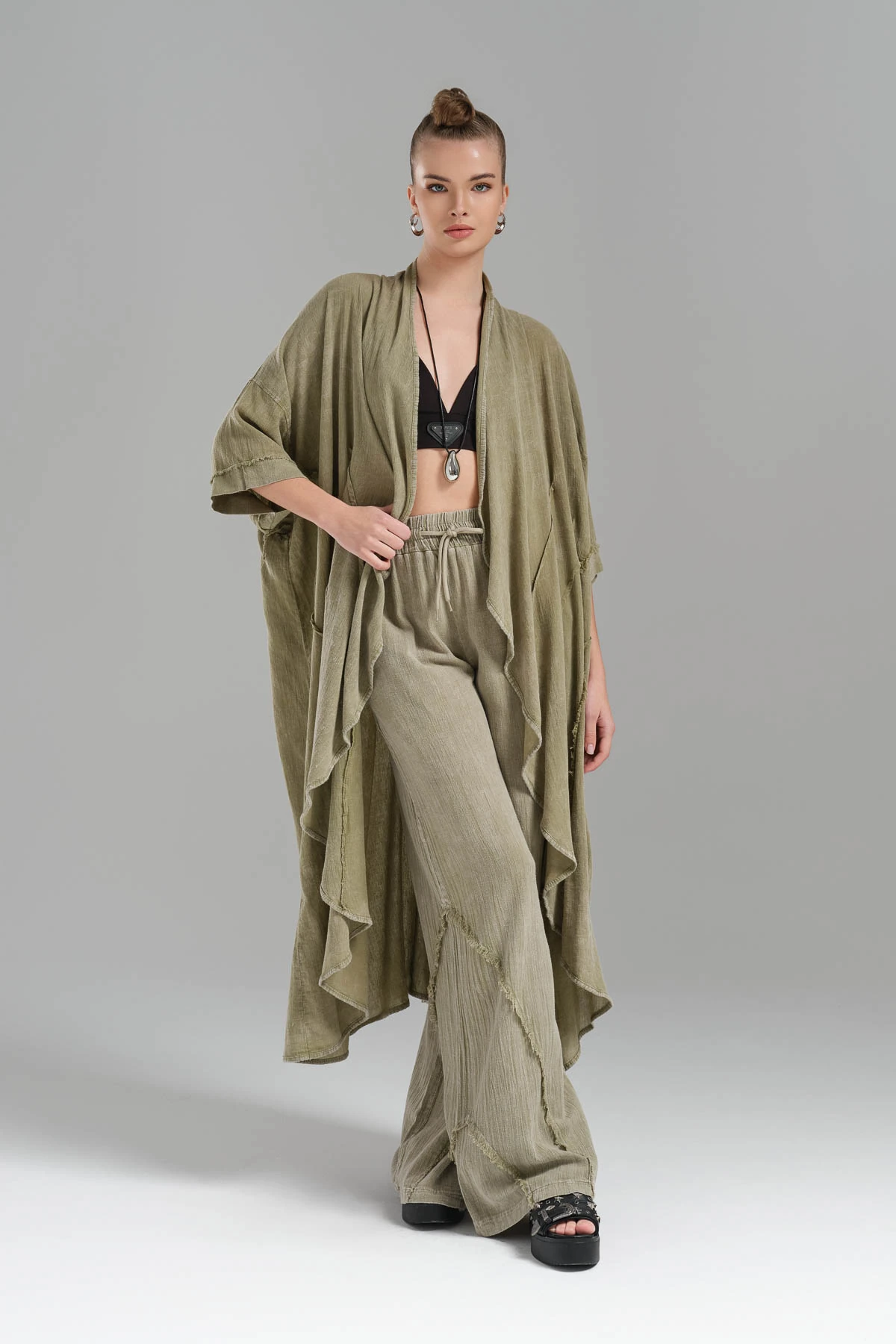 Kadın Parçaboya Keten Oversize Tasarım Uzun Ceket 