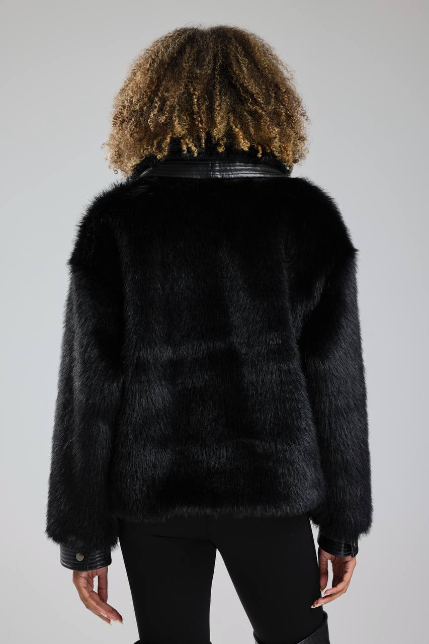 Kadın Kürk Yakası Kolları Deri Detaylı Premium Kalite Tasarım Kaban Mont