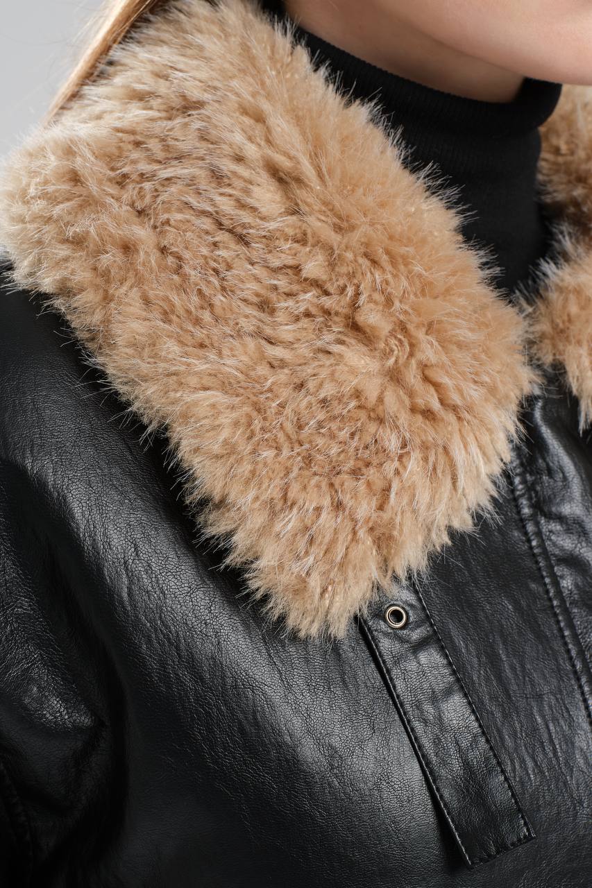 Kadın Deri Yakası Kürk Detaylı İçi Peluş Tasarım Ceket Mont