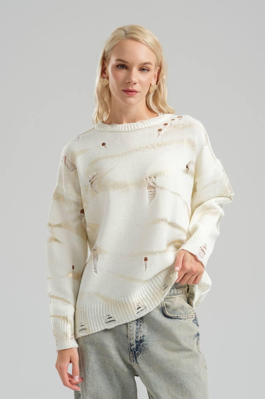 Gold Printed Knitwear Sweater with Ripped Detail