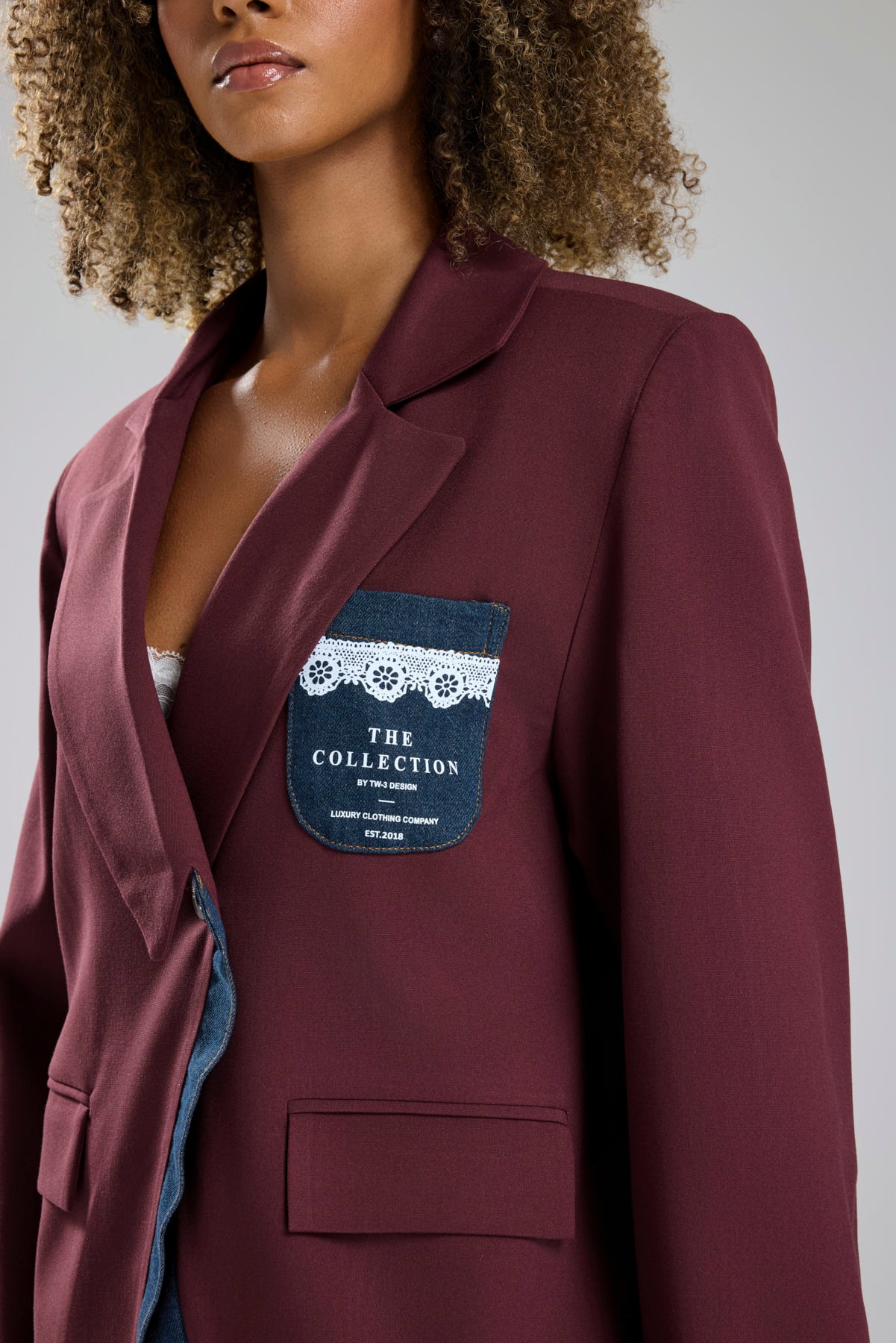 Kadın Denim Garnili Dantel Baskı Detaylı Blazer Ceket