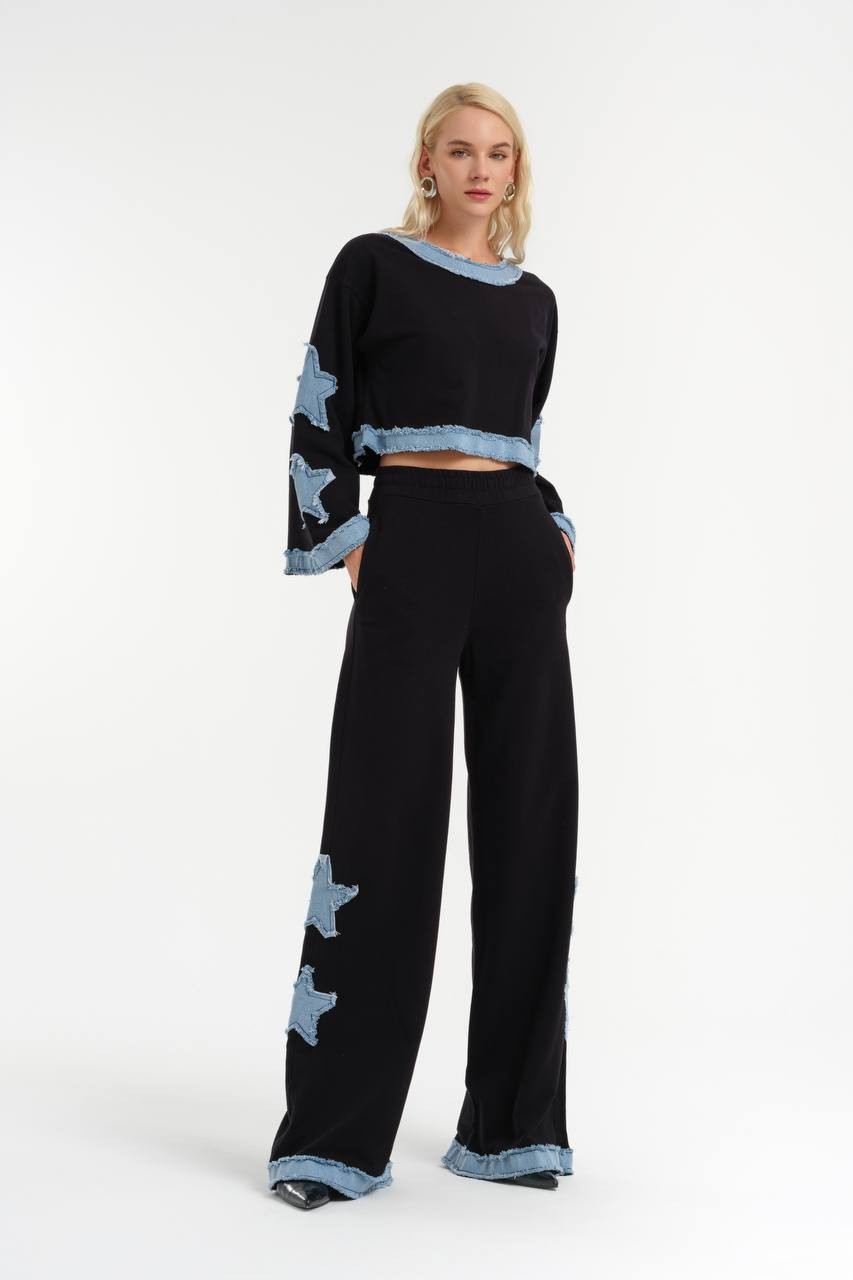 Wide-leg trousers with denim garnishes