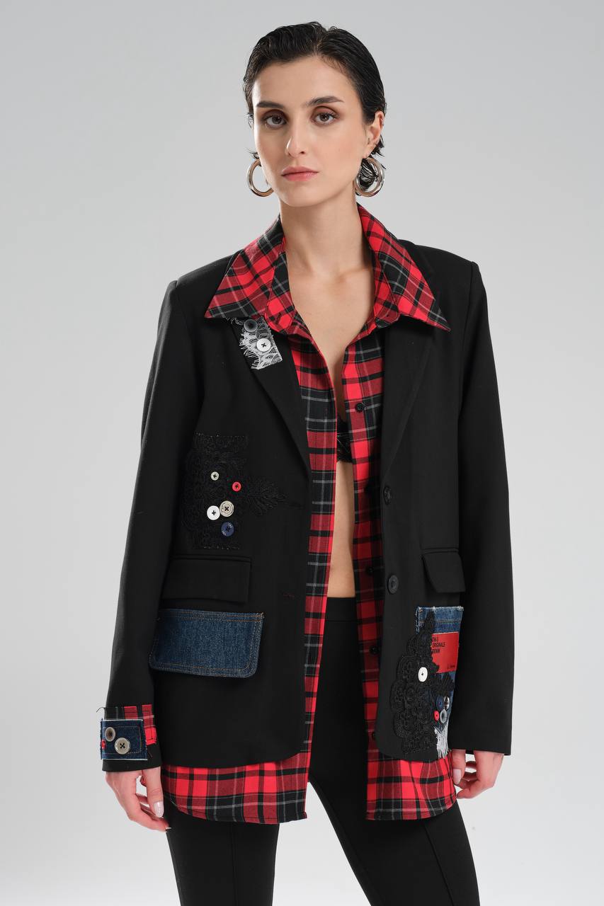 Kadın Ekose Gömlek Detaylı Tasarım Blazer Ceket