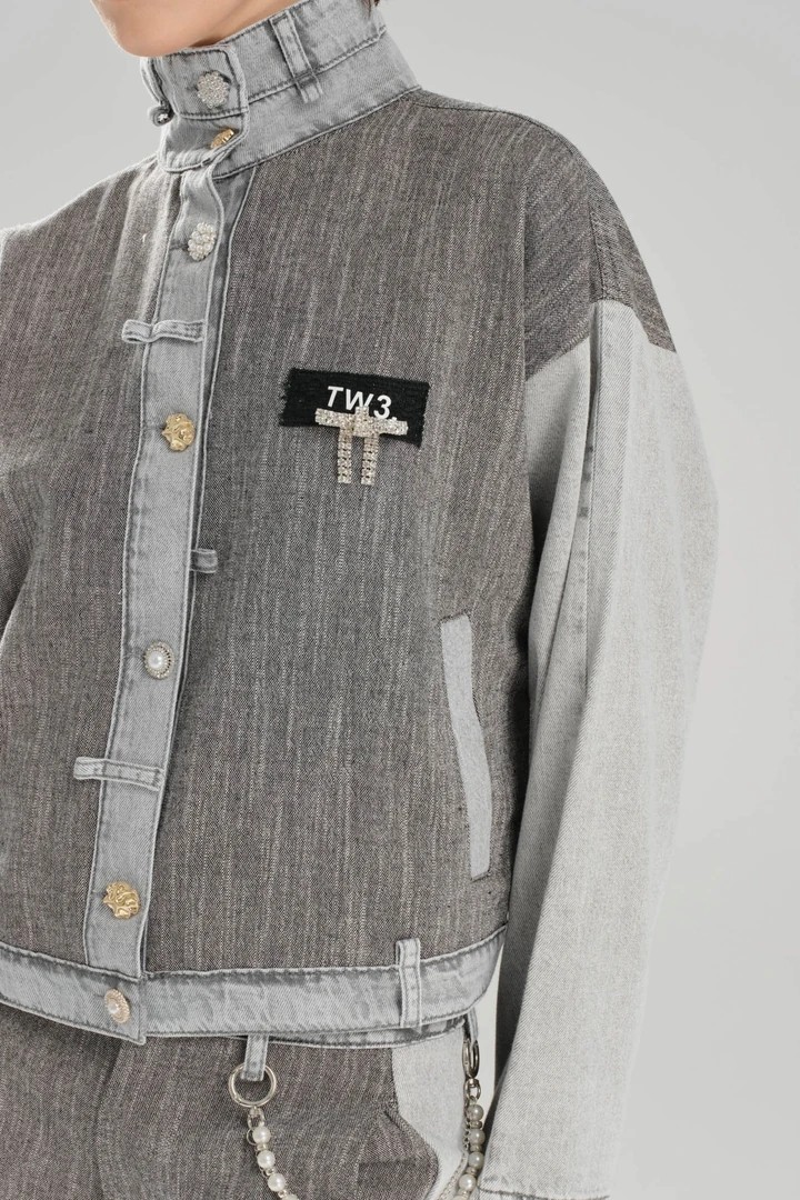 Kadın Taşlı Düğmeli Denim Kumaş Garnili Tasarım Ceket