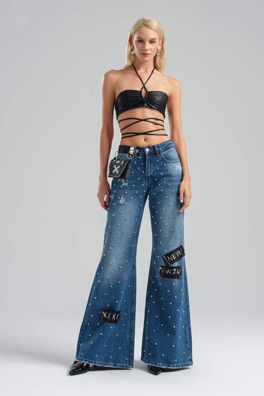 Trokk Sequined Flared Jeans with Removable Bag