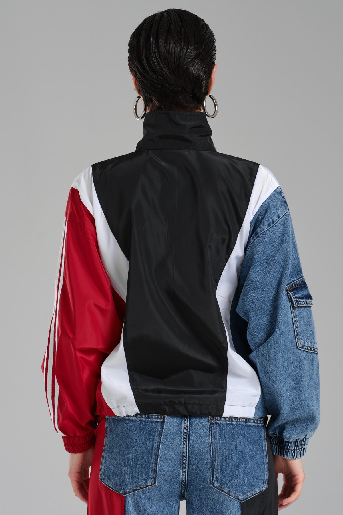 Kadın Denim ve Paraşüt Kumaş Garnili Tasarım Bomber Ceket