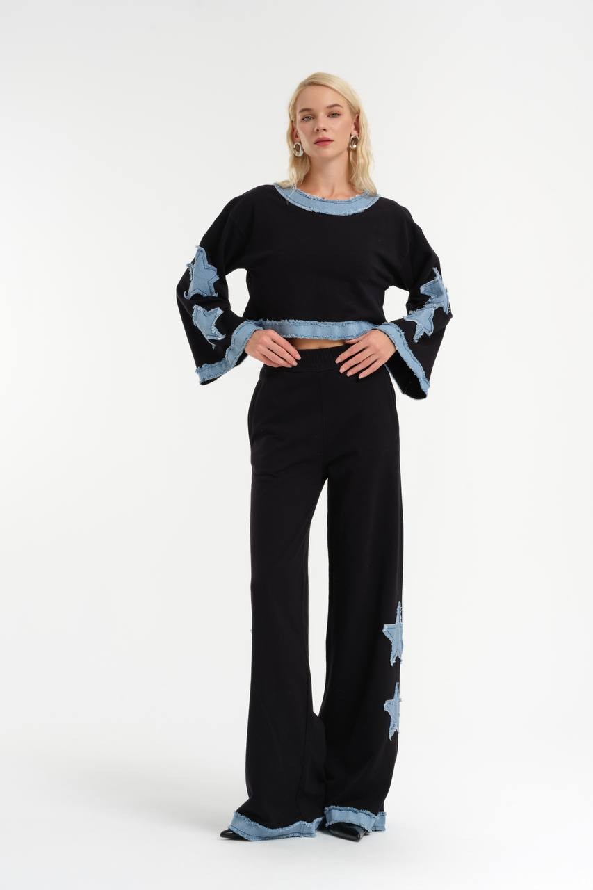 Wide-leg trousers with denim garnishes