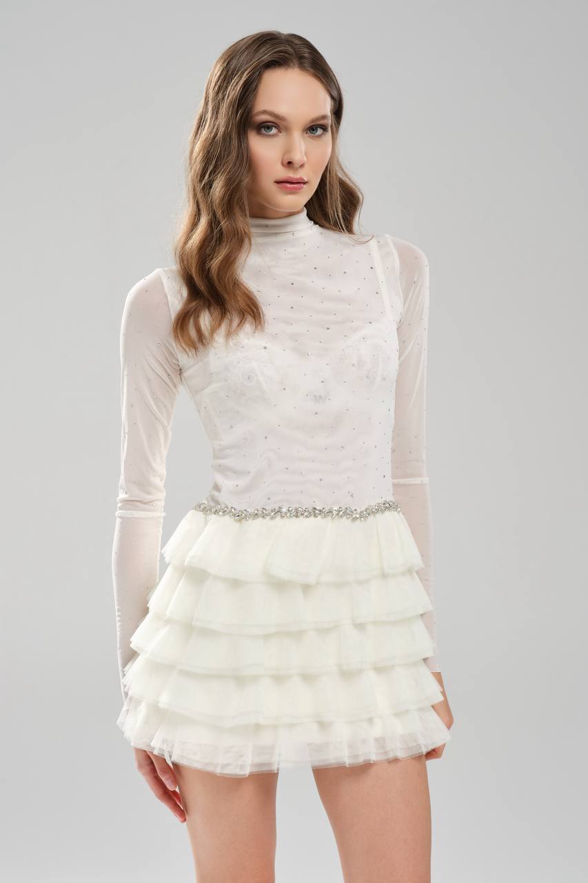 Kadın Tül Üzerine Taşlı Likralı Bel Kısmı El İşlemeli Tasarım Mini Elbise