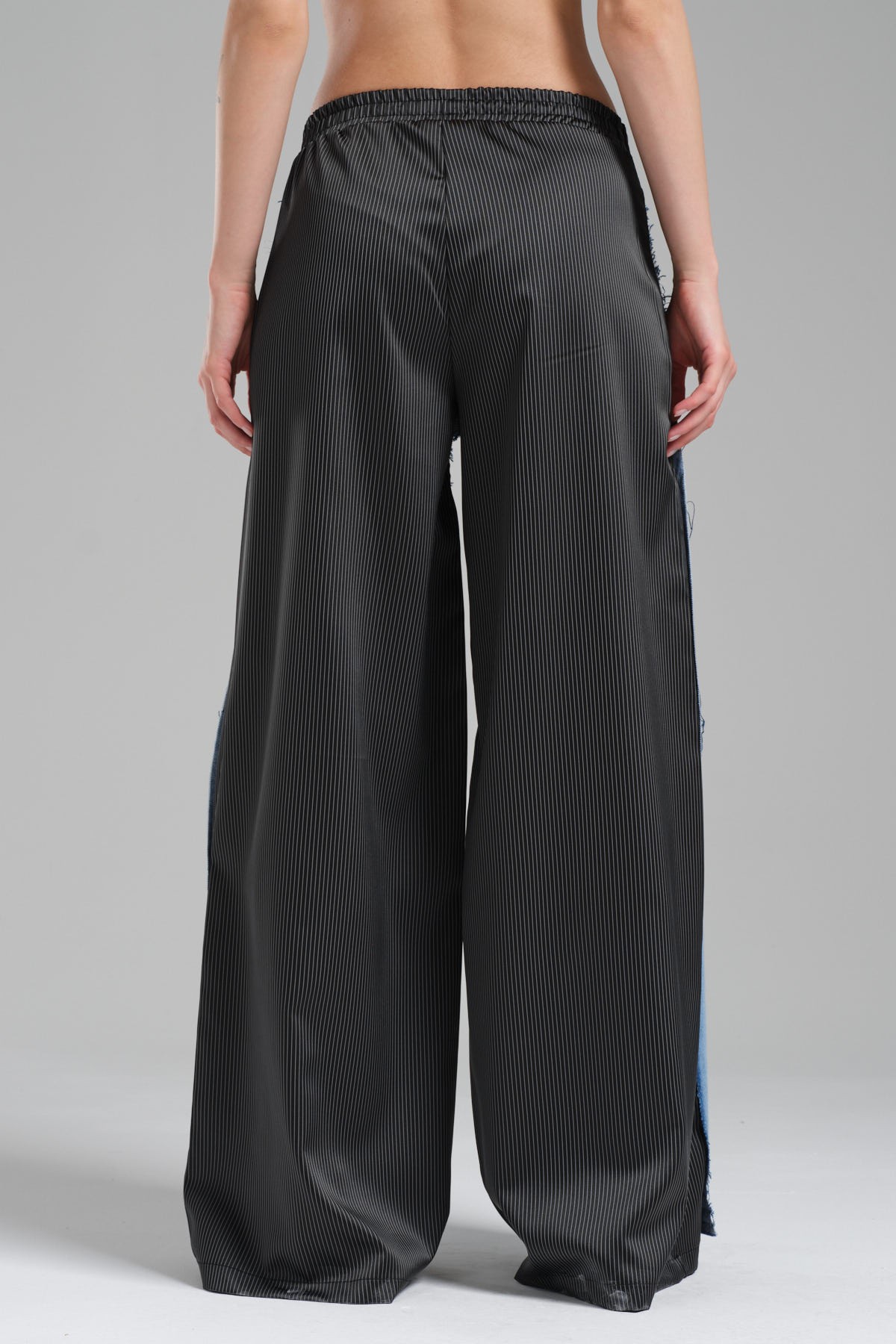 Kadın Denim ve Saten Garnili Tasarım Palazzo Pantolon