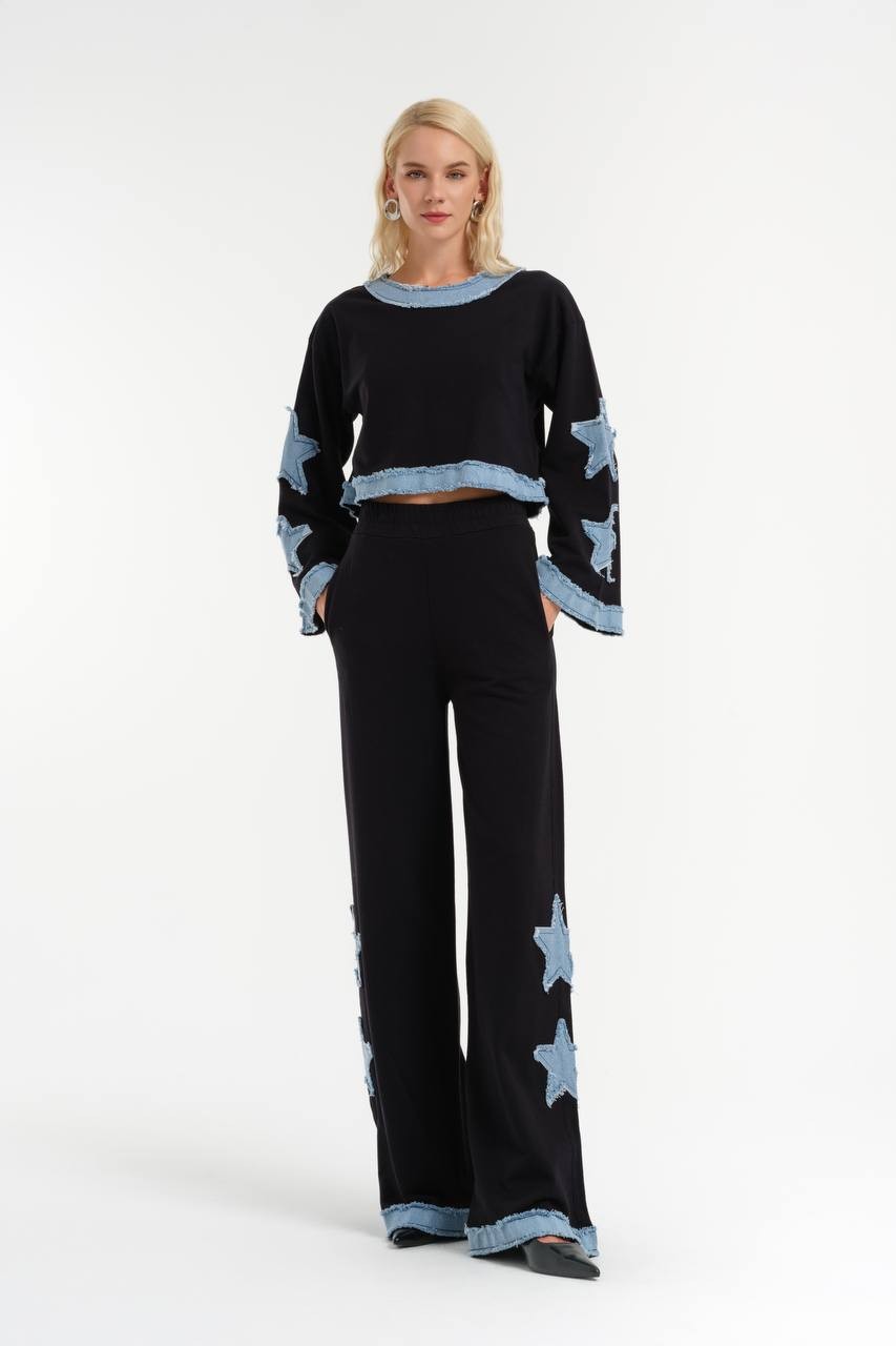 Wide-leg trousers with denim garnishes