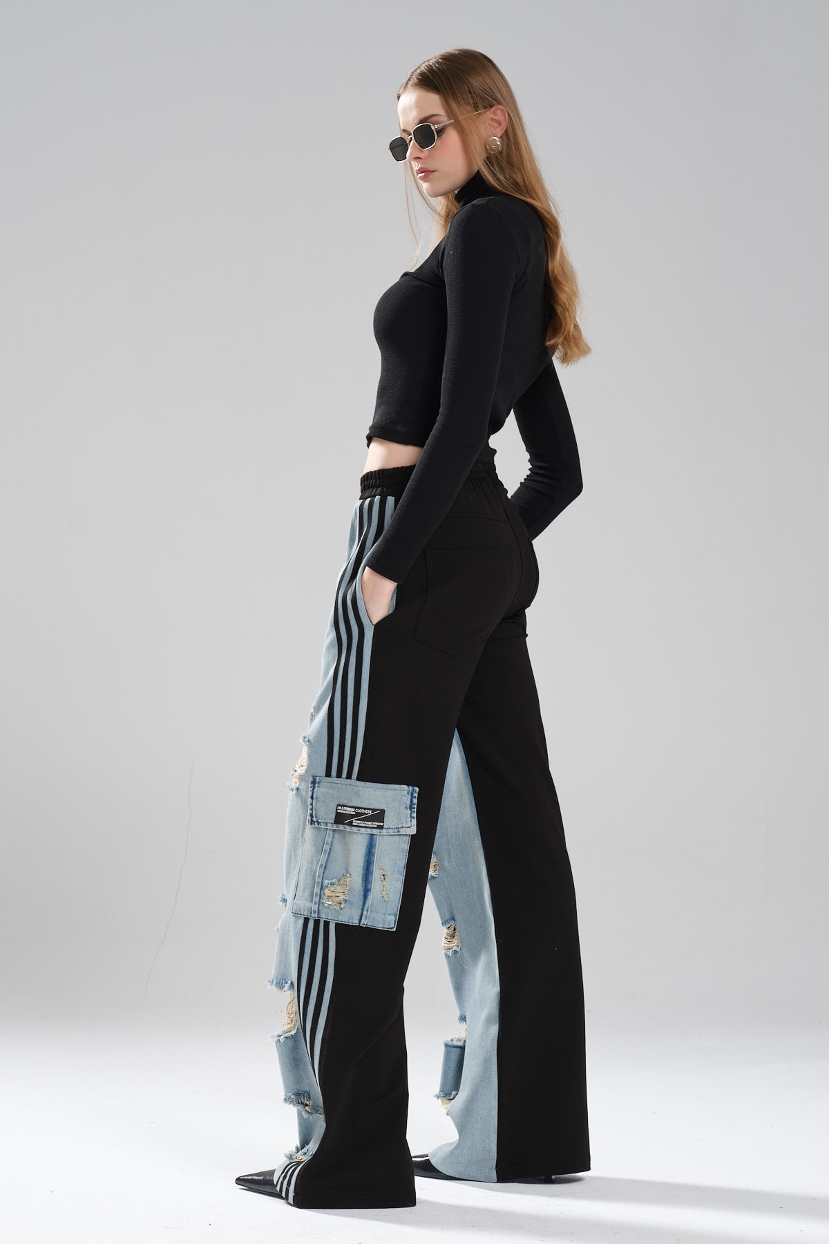 Kadın Arkası Örme Önü Denim Şerit Detaylı Tasarım Palazzo Fit Pantolon