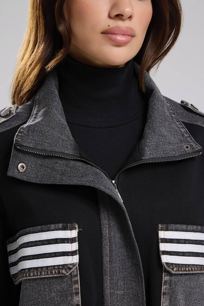 Kadın Denim Garnili Şerit Detaylı Tasarım Ceket