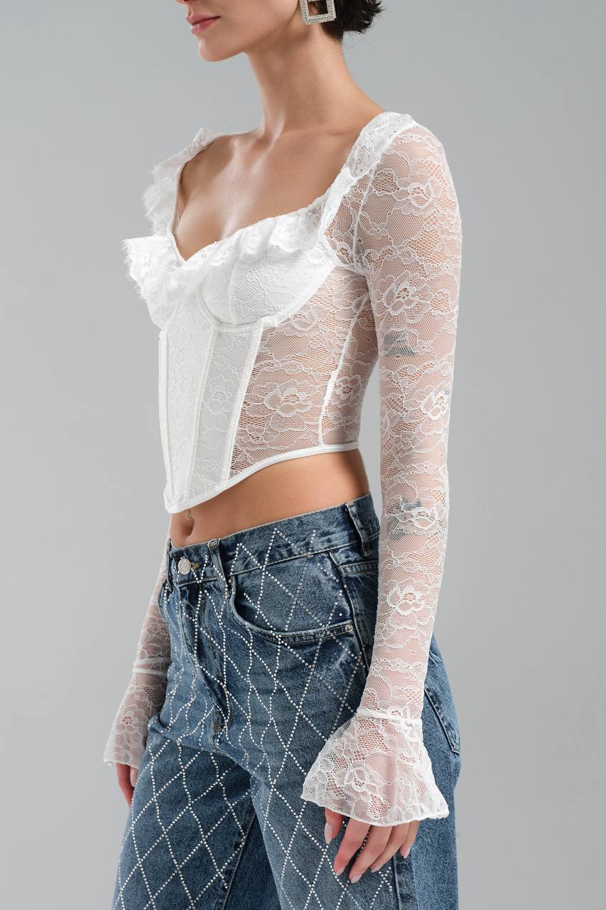 Kadın Dantel Kumaş Ön Kısmı Korse Arka Kısmı Dantel Tasarım Crop Bluz