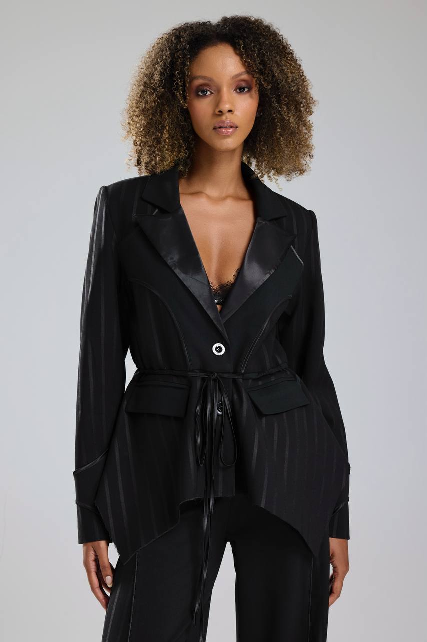 Kadın Çizgili Varak Baskı ve Saten Detaylı Tasarım Blazer Ceket