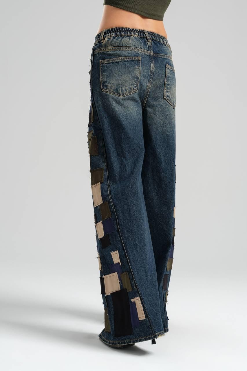 Wide Leg Jeans with Side Cutouts and Elastic Back Belt