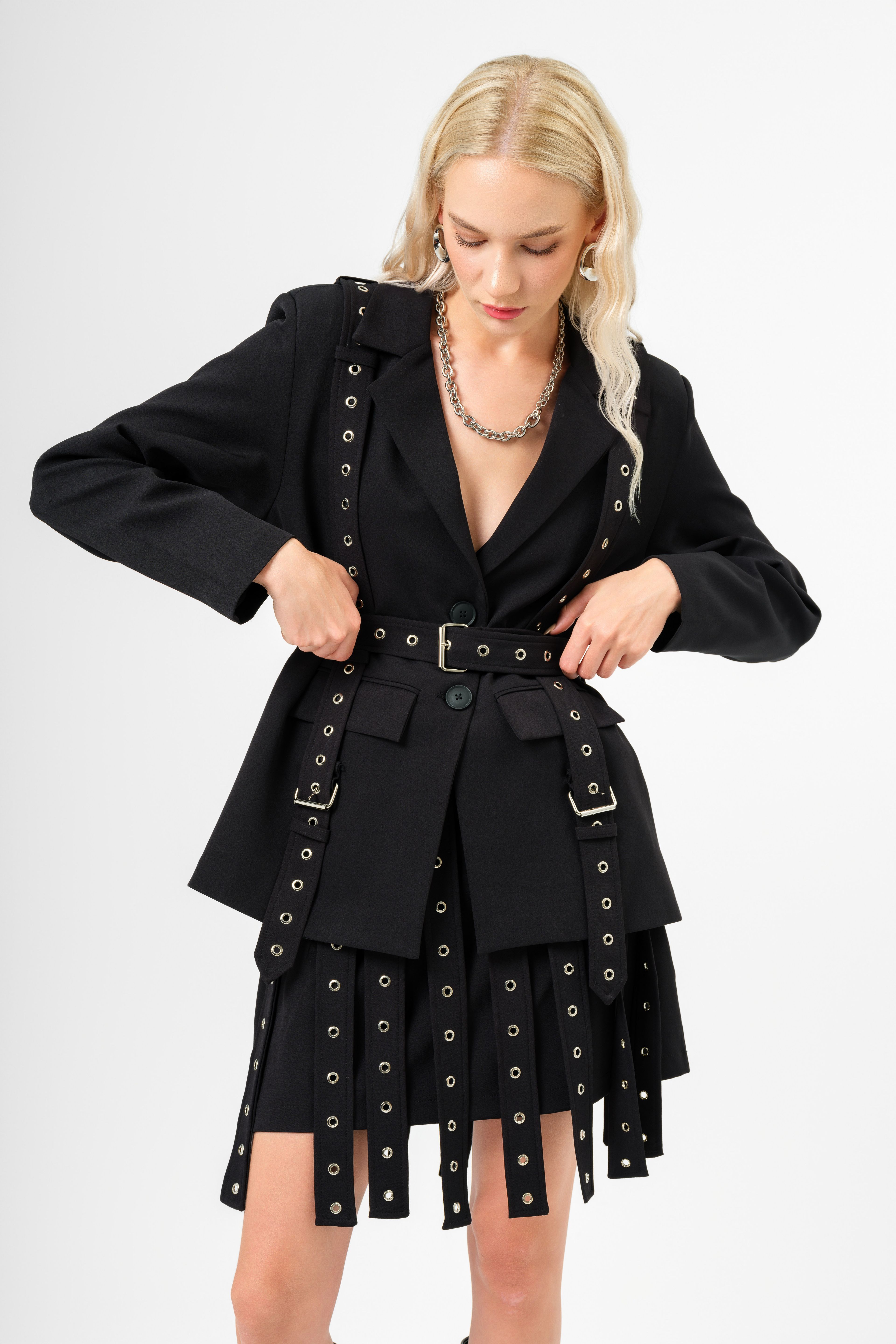 Blazer Jacket with Belt Detail on Shoulders and Waist