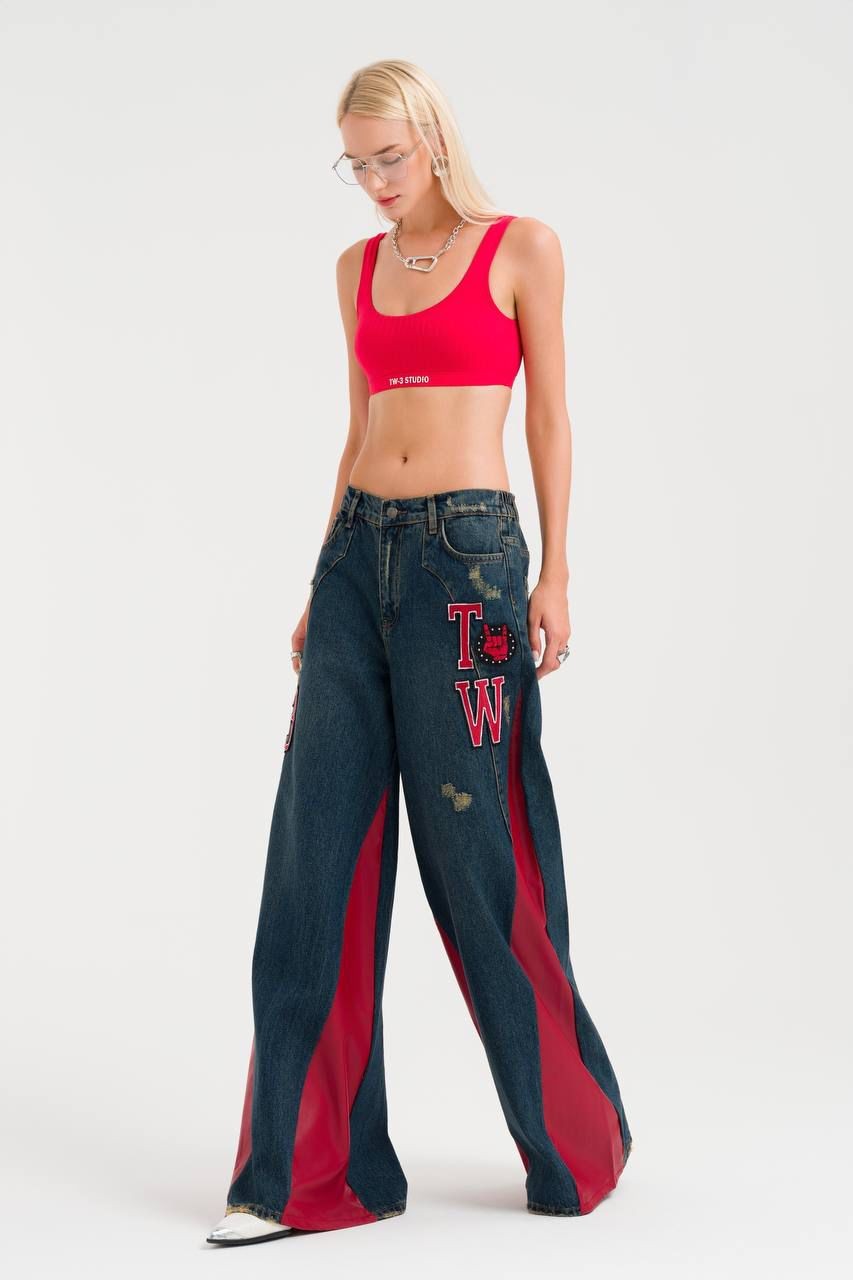 Leather Detailed Wide Leg Jean