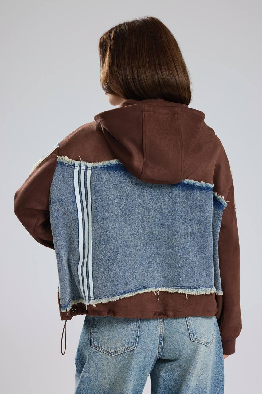 Kadın Süet ve Denim Garnili Şerit Detaylı Tasarım Ceket