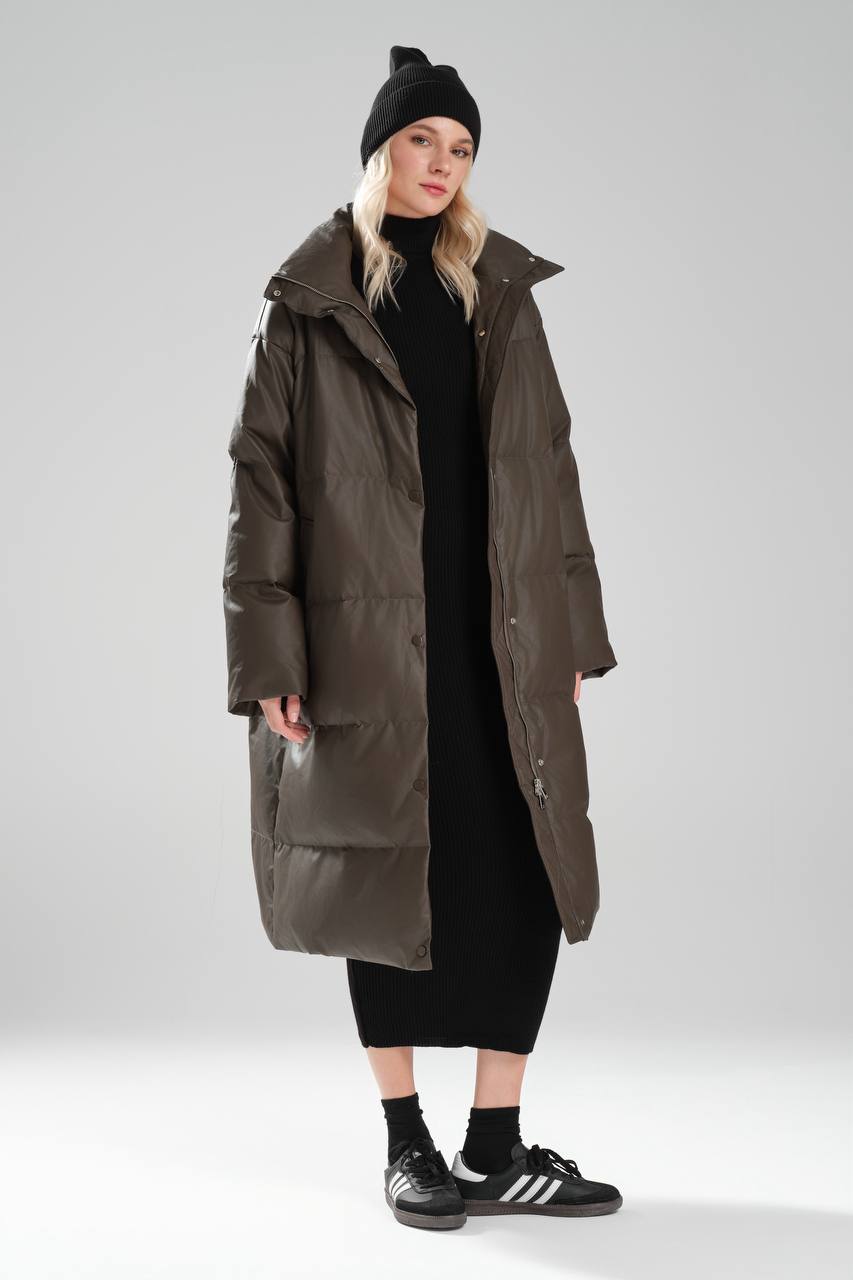 Kadın Suni Deri Kaz Tüyü Dolumlu Tasarım Uzun Mont