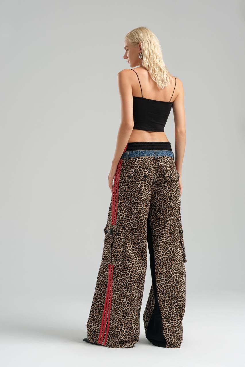 Leopard Patterned Gabardine Wide Leg Trousers