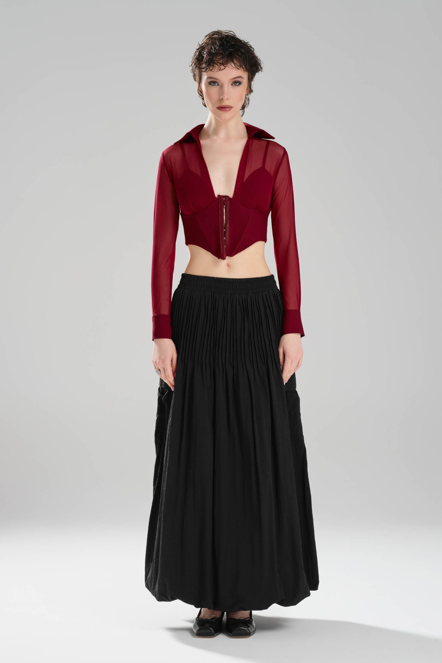 Kadın Bel Kısmı Korse Detaylı Tül Tasarım Crop Bluz