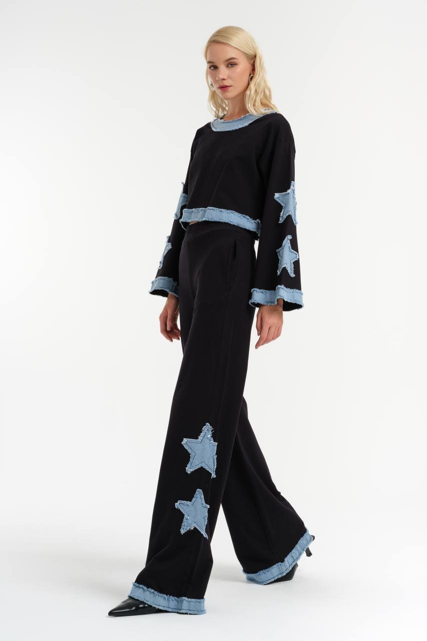 Wide-leg trousers with denim garnishes