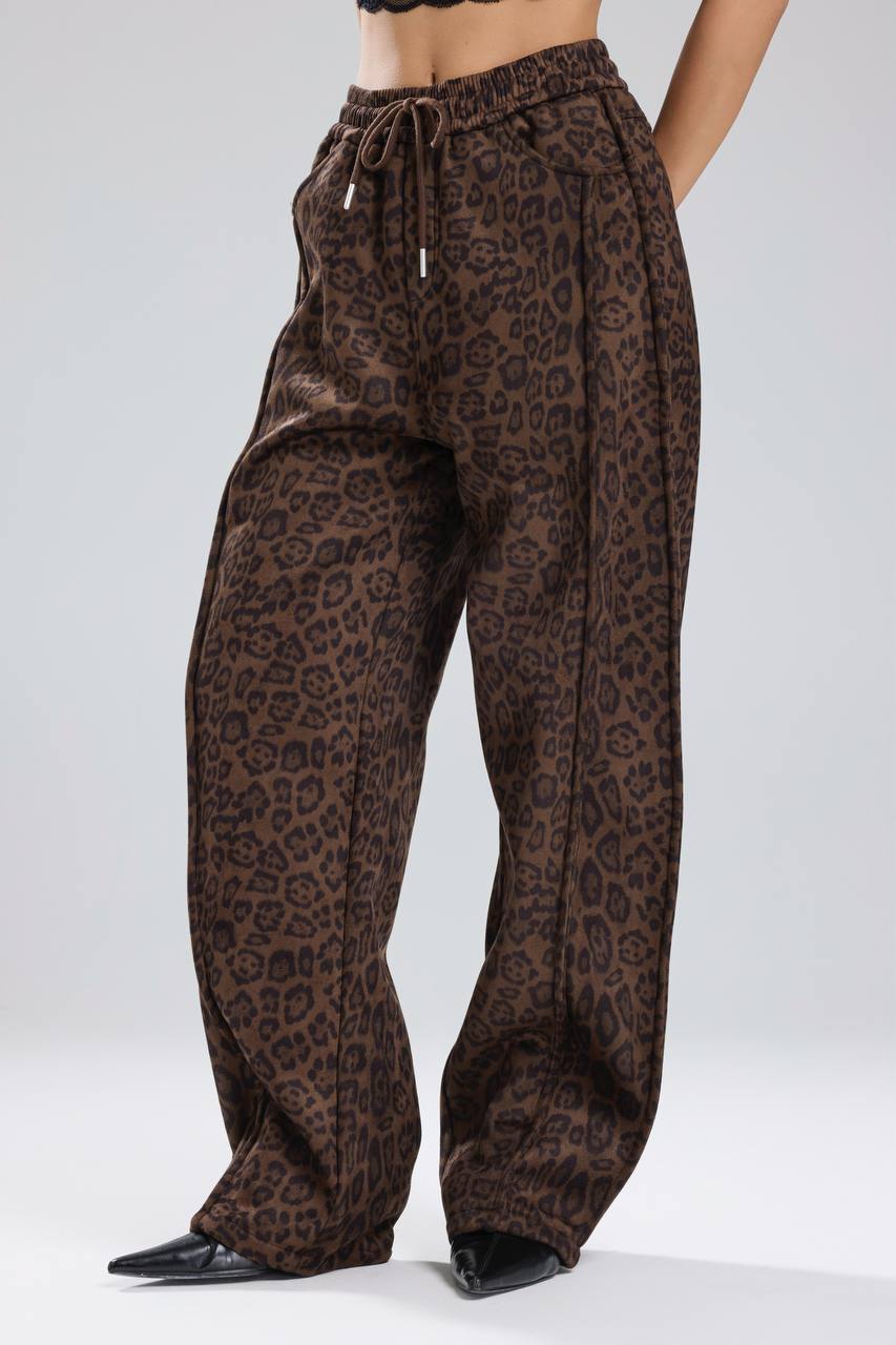 Kadın Leopar Süet Kumaş Beli Lastikli Tasarım Pantolon