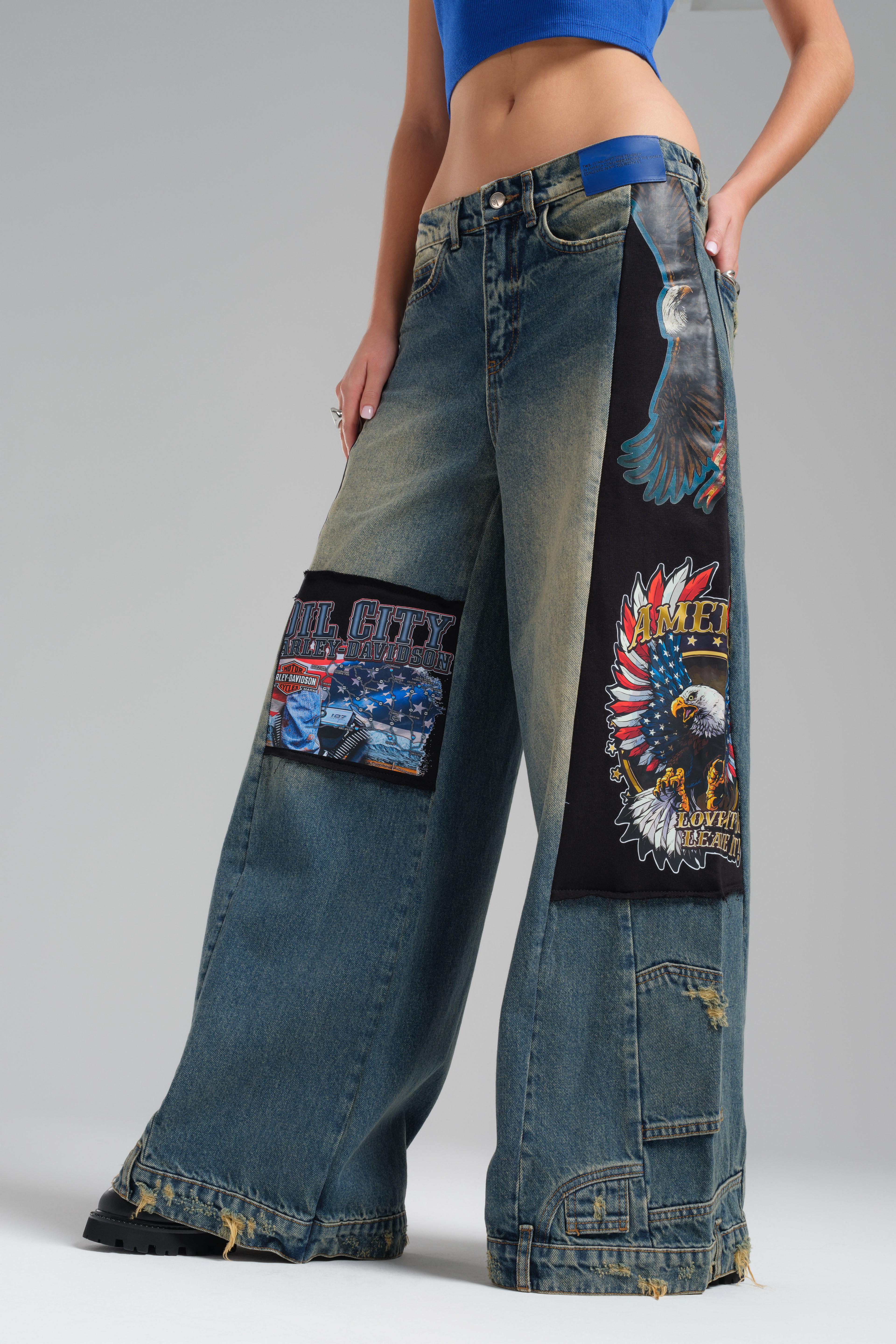 Printed Three Thread Detailed Wide Leg Jean