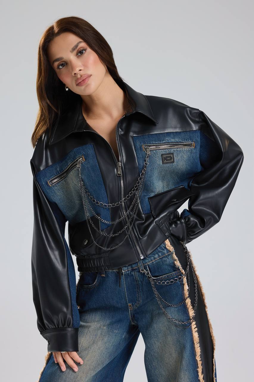 Kadın Denim Garnili Zincir Detaylı Suni Deri Tasarım Ceket