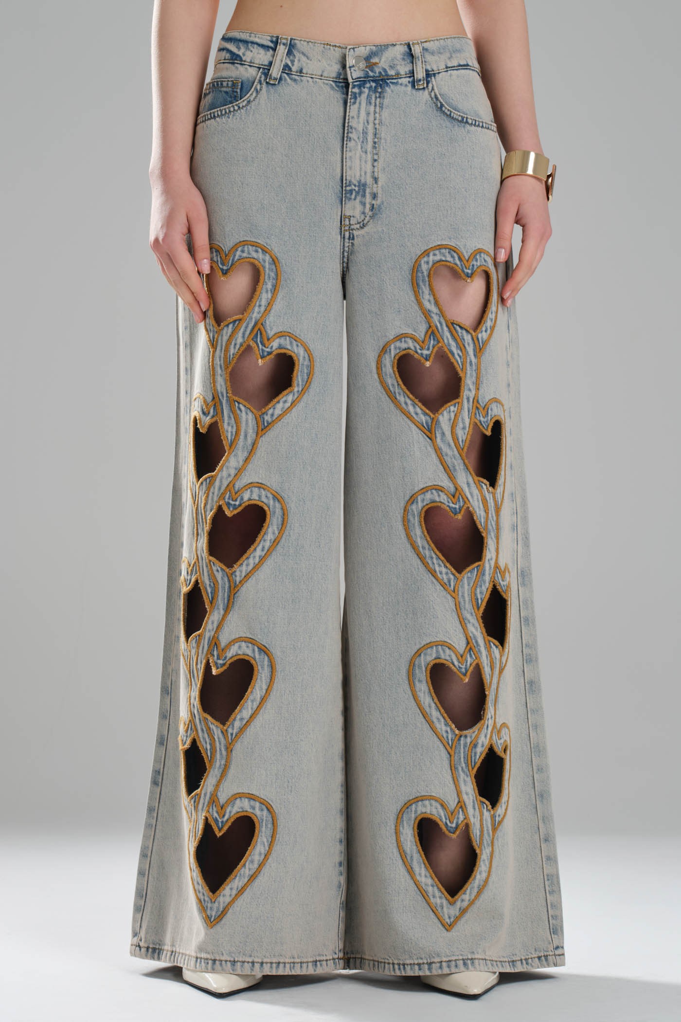 Kadın Kalp Nakışlı Tasarım Denim Palazzo Jean