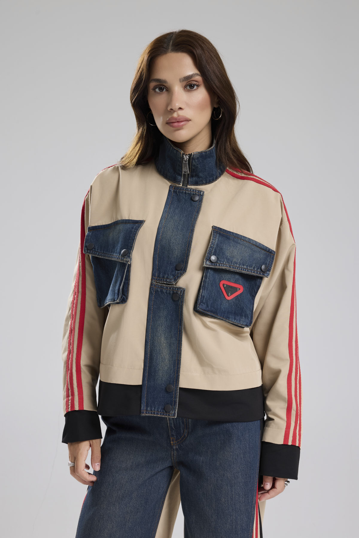 Kadın Şerit Detaylı Denim Garnili Tasarım Ceket