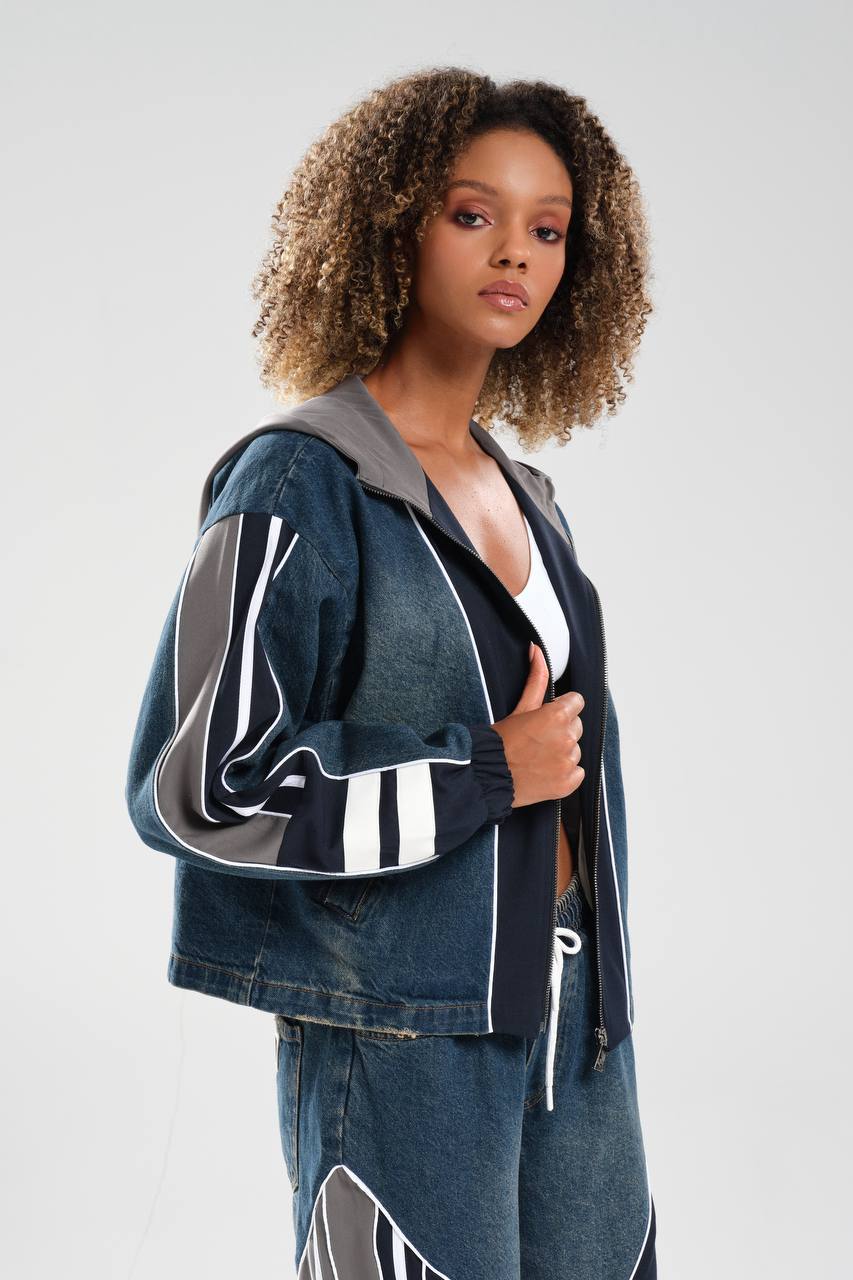 Kadın Denim Garnili Şerit Detaylı Tasarım Ceket