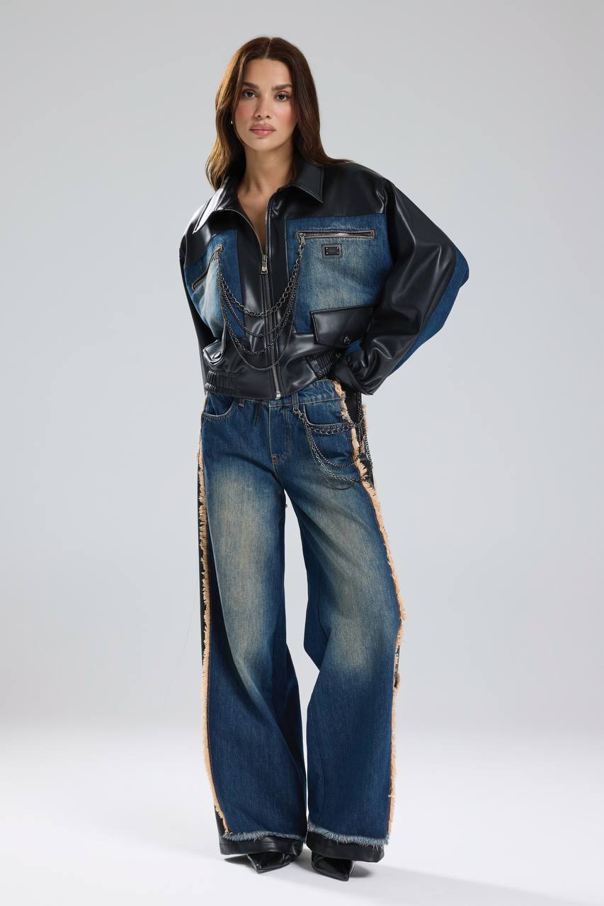 Kadın Suni Deri Garnili Zincir Detaylı Tasarım Pantolon