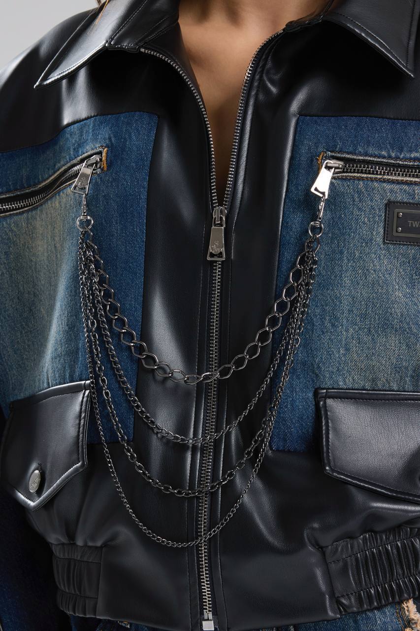 Kadın Denim Garnili Zincir Detaylı Suni Deri Tasarım Ceket