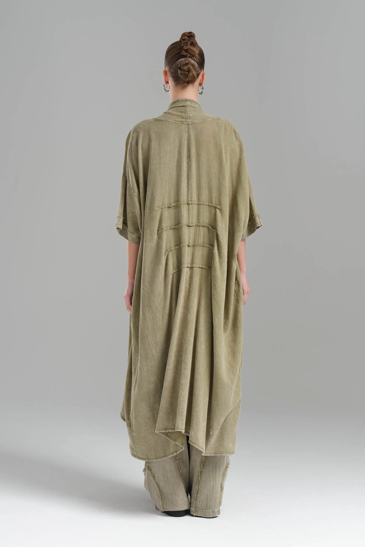 Kadın Parçaboya Keten Oversize Tasarım Uzun Ceket 