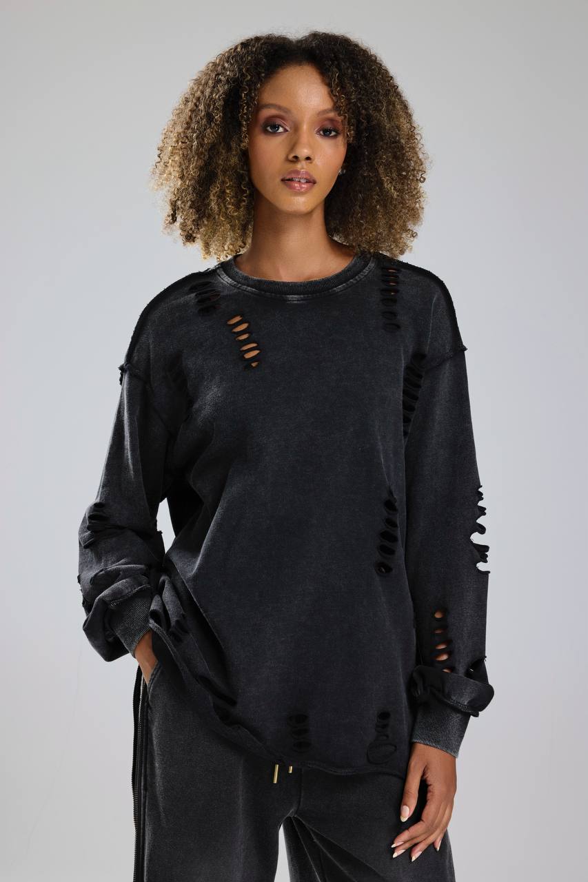 Kadın Yıkamalı Lazer Kesikli Tasarım Sweatshirt