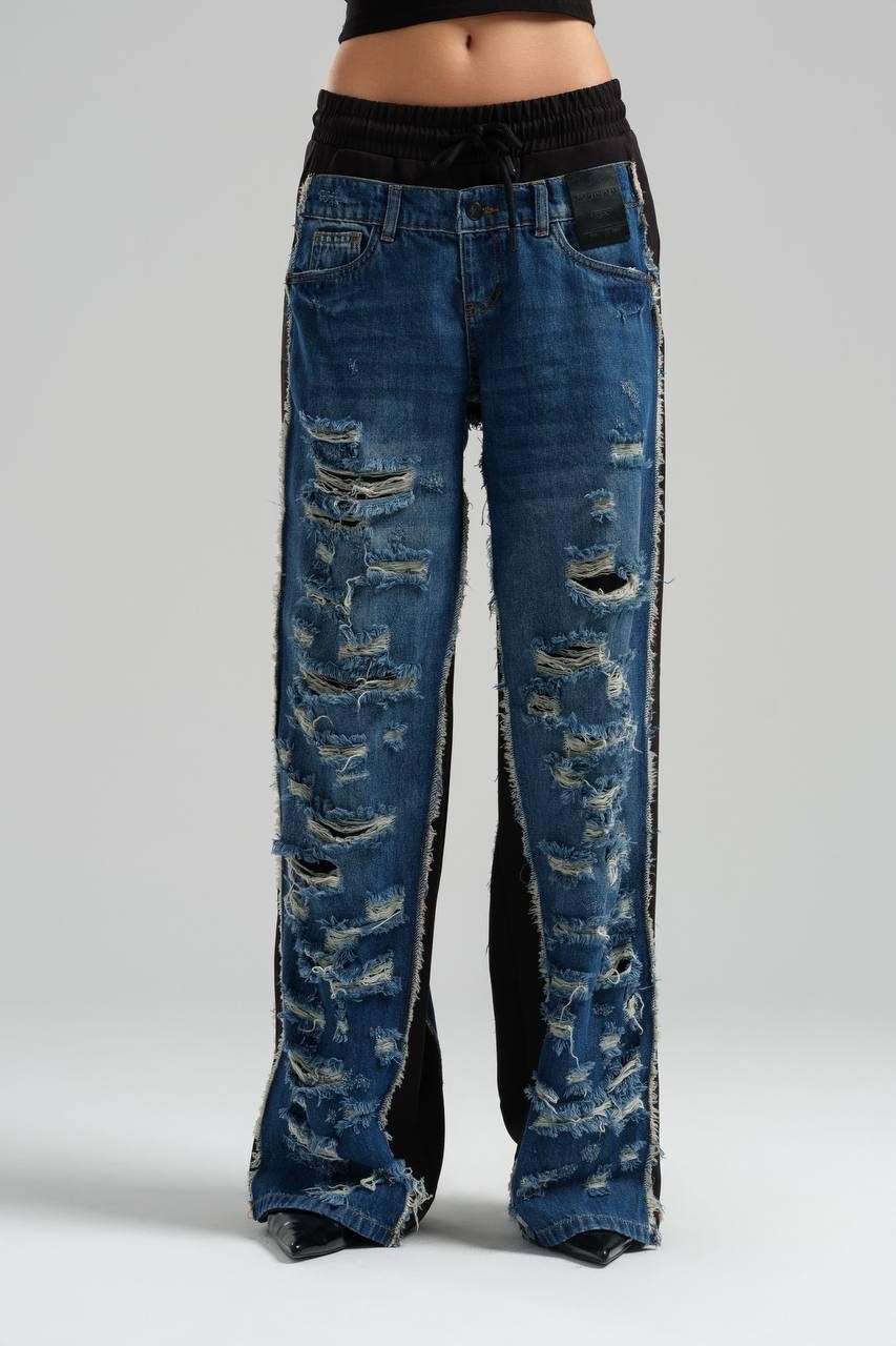 Jeans with Plenty of Rents and Woven Fabric Detail