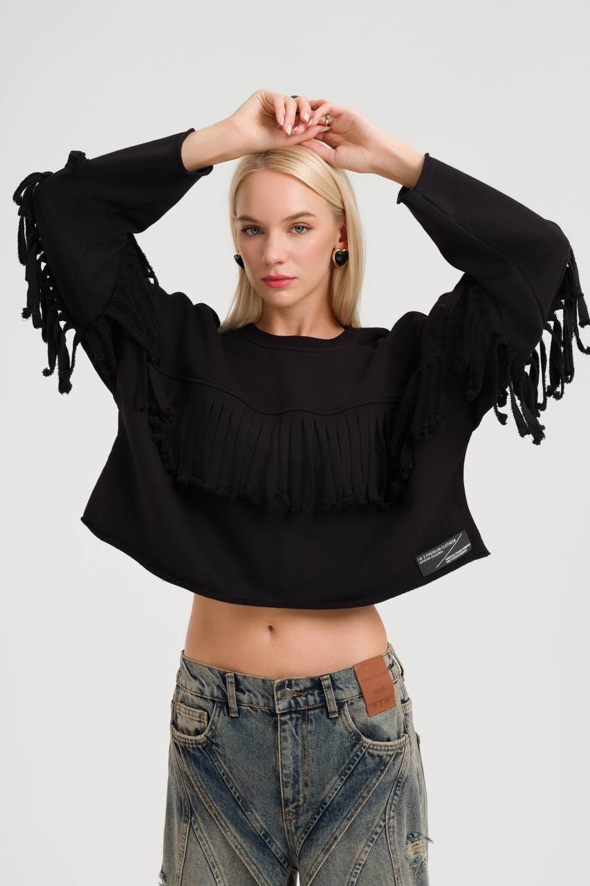  Püskül Detaylı Tasarım Kadın Crop Sweatshirt