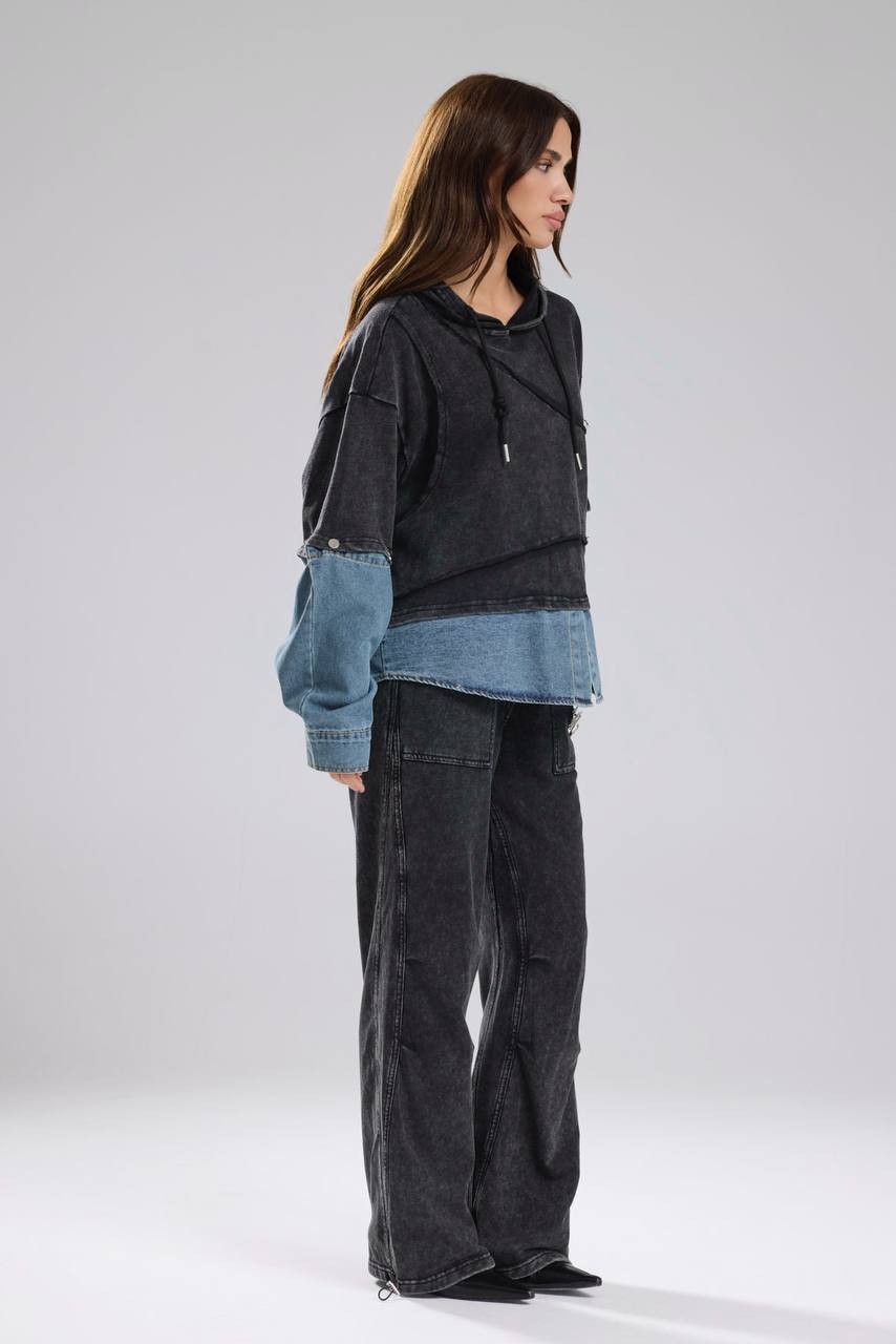 Kadın Denim Garnili Kolları Ayrılabilen Yıkamalı Tasarım Sweatshirt