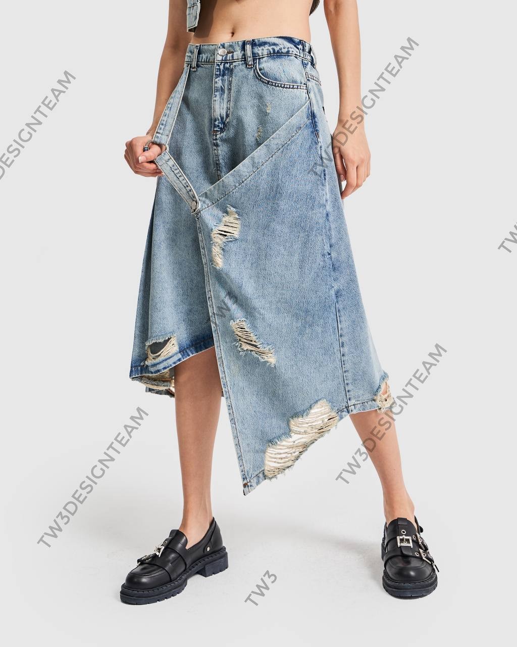 Kadın Denim Kumaş Askılı Crop Tasarım Bluz