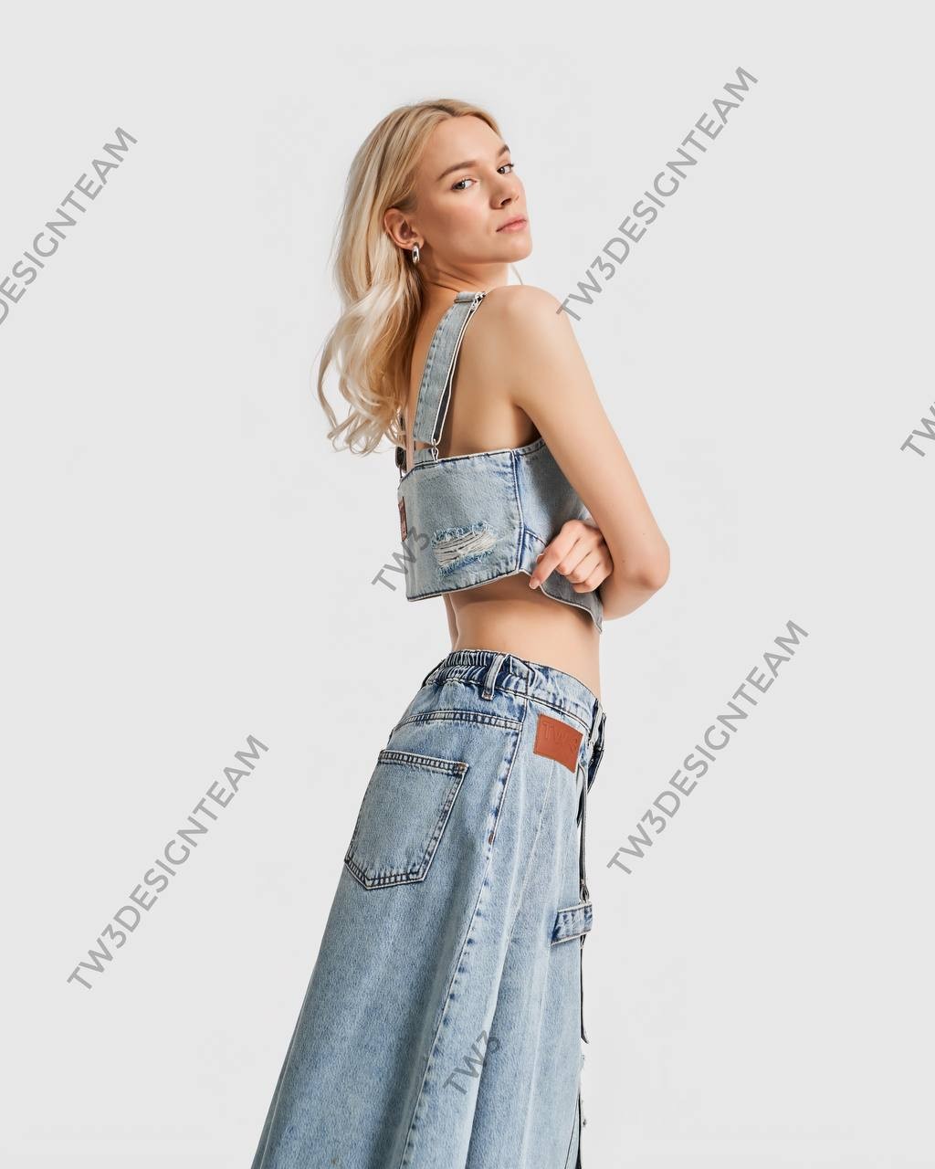 Kadın Denim Kumaş Askılı Crop Tasarım Bluz