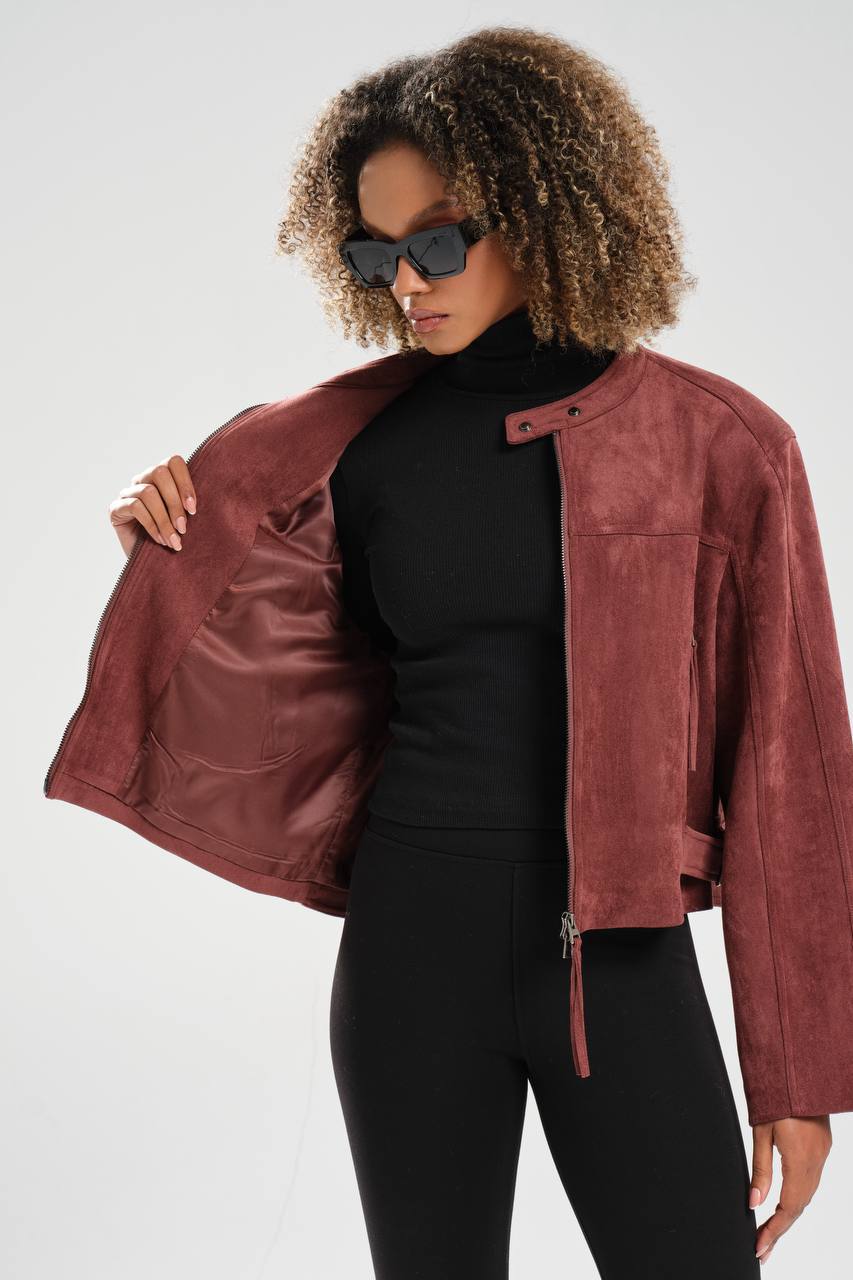 Kadın Süet Kumaş İçi Astarlı Önü Fermuarlı Tasarım Ceket