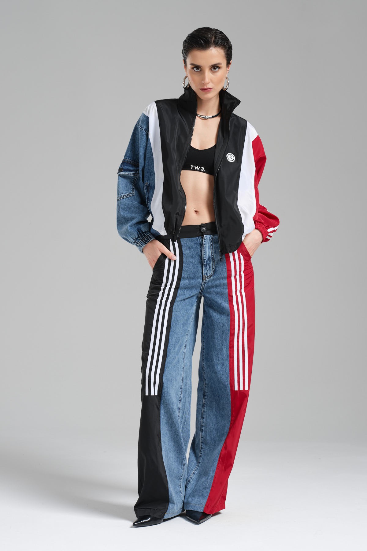Kadın Denim ve Paraşüt Kumaş Garnili Tasarım Bomber Ceket