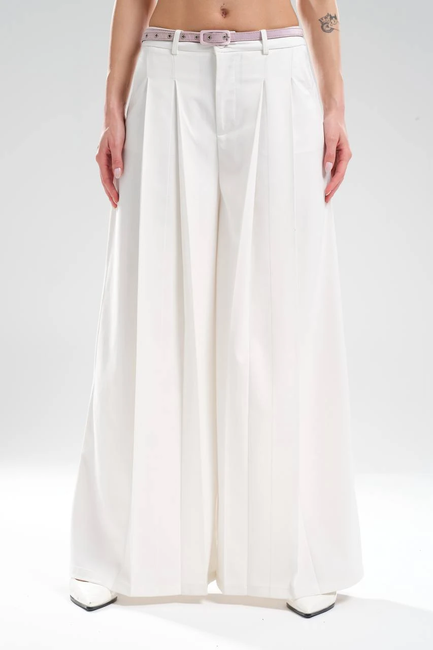 Kadın Çıkarılabilir Saten Kemer Detaylı Önü Pileli Tasarım Pantolon