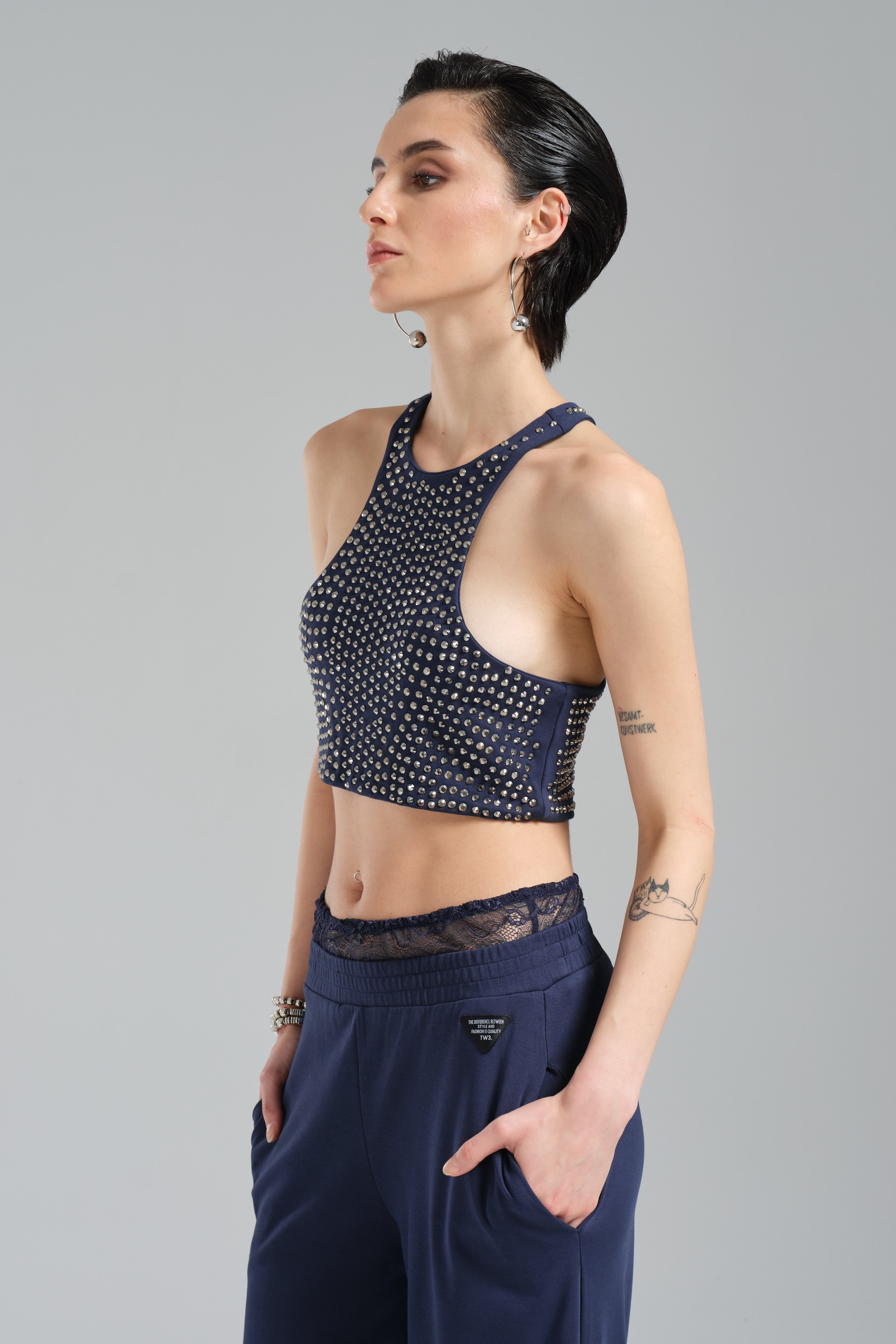 Women's Stone Knitted Fabric Slim Fit Design Crop Blouse