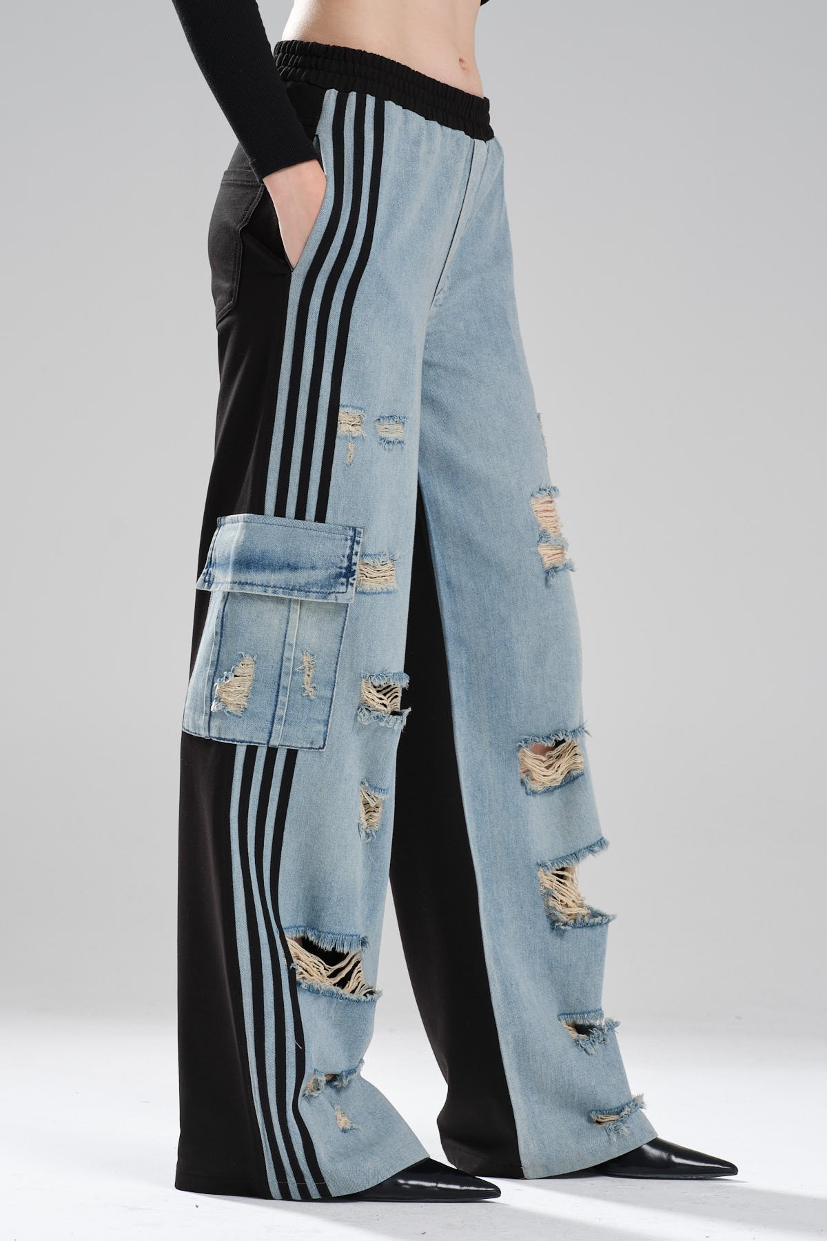 Kadın Arkası Örme Önü Denim Şerit Detaylı Tasarım Palazzo Fit Pantolon