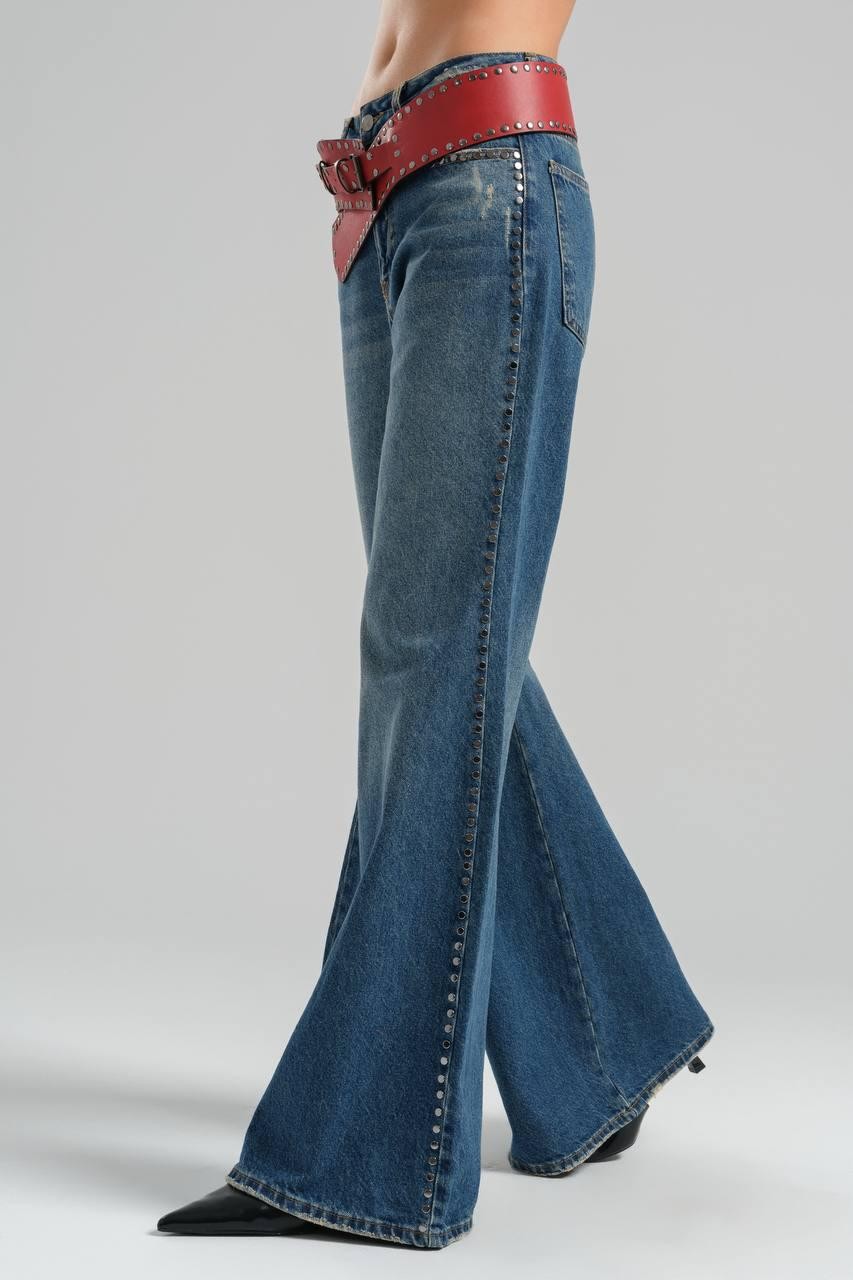 Leather Belted, Trokk Embroidered Flare Jeans