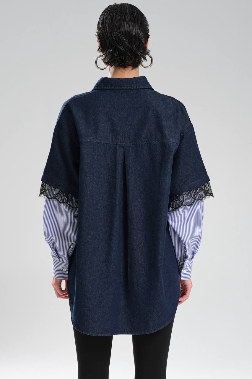 Kadın Denim Kolları Dantel ve Poplin Kumaş Detaylı Tasarım Gömlek