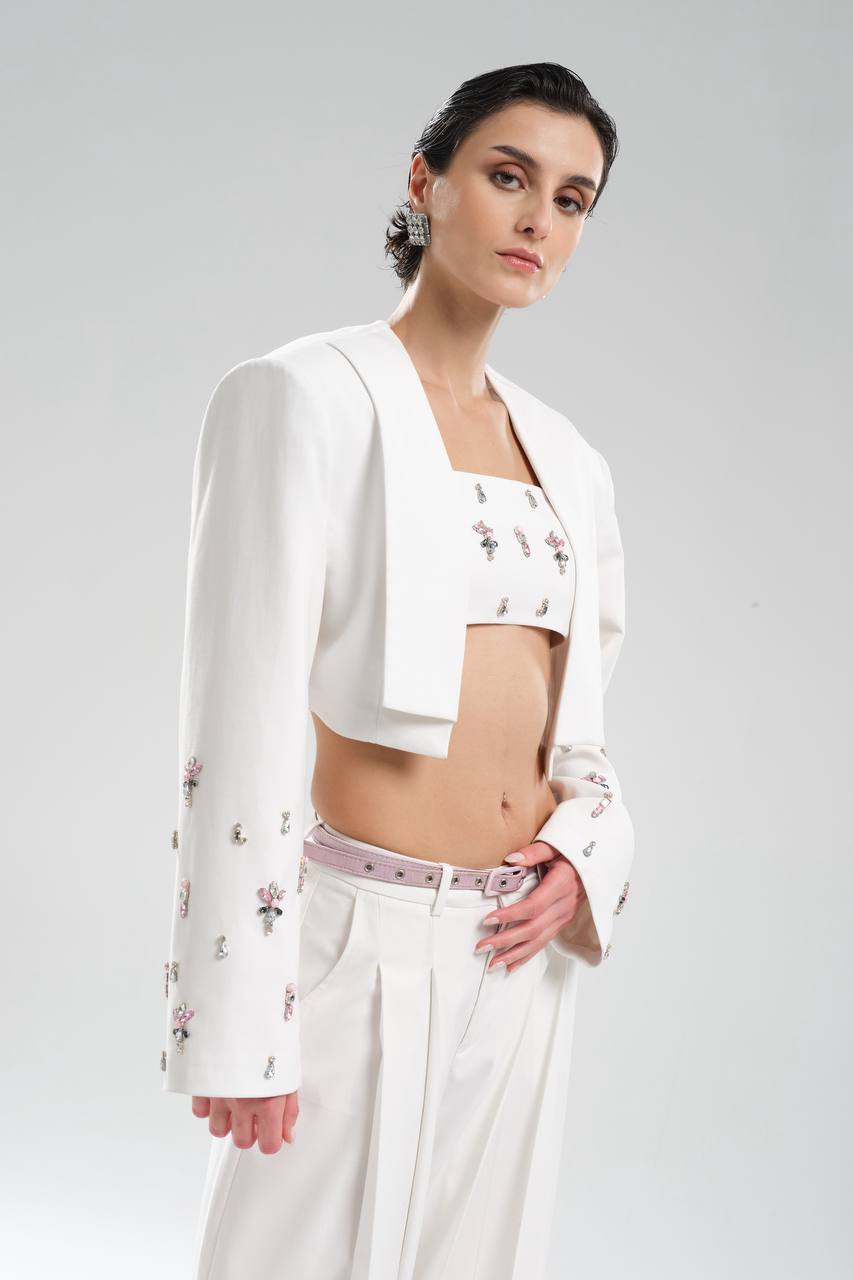 Kadın Kolları Elişleme Detaylı Tasarım Crop Blazer Ceket