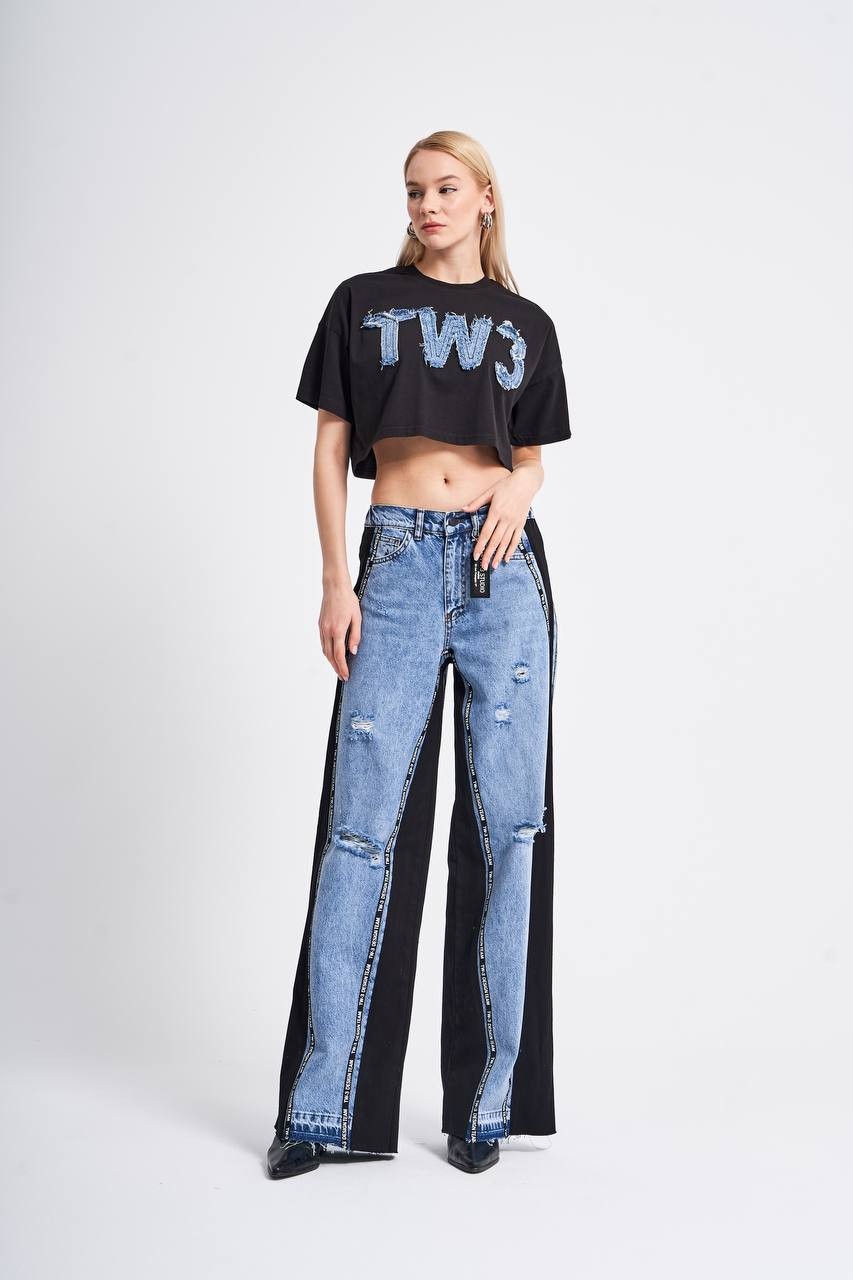 Denim Logo Aplikeli Tasarım Kadın Crop Tshirt